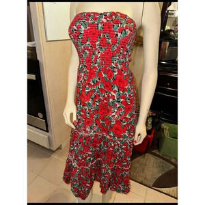 Women's Red Floral Strapless smocked tiered Midi Dress Size M